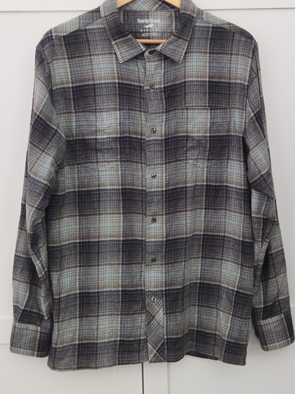 Horny Toad Mens Gray Soft Flannel Plaid Button-Down Shirt Organic Cotton Medium